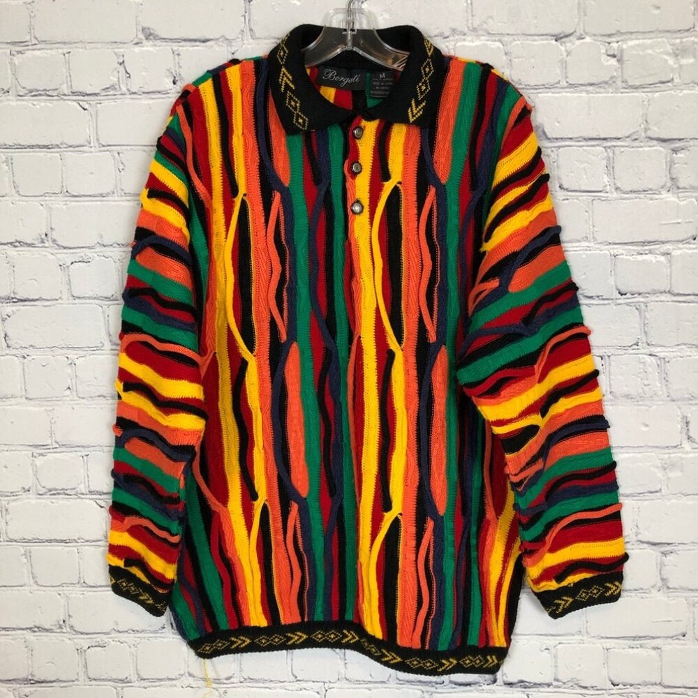 Vintage Bergati 3D Cable Knit Sweater Size M Coogi Style Vibrant Colorful